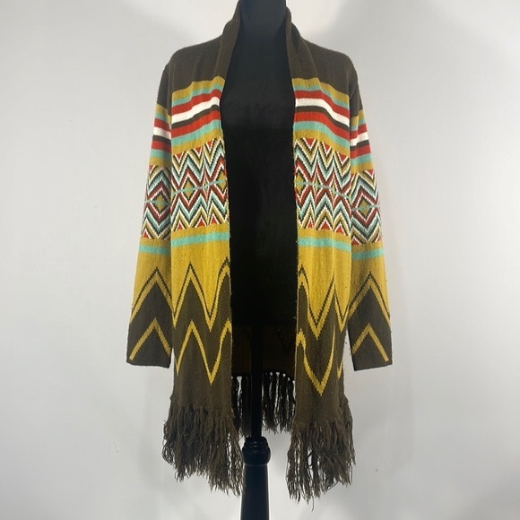 Hot & Delicious Sweaters - Hot & Delicious Sante Fe Cardigan, M/L, Sweater, open front, Fringe, Brown multi